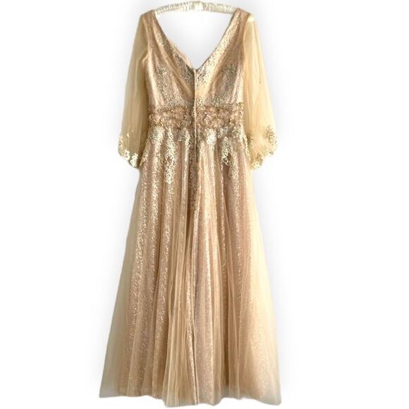 Val Stefani V-Cut Tulle Overlay Sleeve Sequin Bead Lace Embellished Gown Dress - Picture 4 of 17